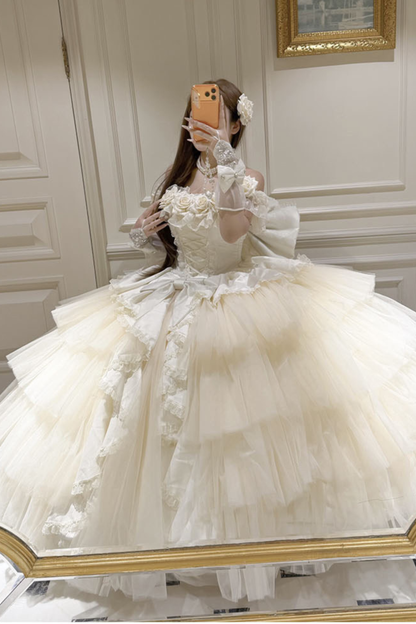 [예약상품] 4월 4일 예약마감]애프리콧 웨딩 로리타 원피스+숄+소매+리본 테일+베일