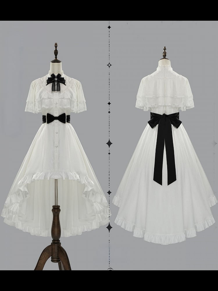 【10月8日予約締切】White Classic Lolita Black Bow High-Low Dress(Sheer lace hem version / Plain satin frill hem version)