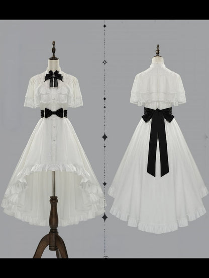 【10月8日予約締切】White Classic Lolita Black Bow High-Low Dress(Sheer lace hem version / Plain satin frill hem version)