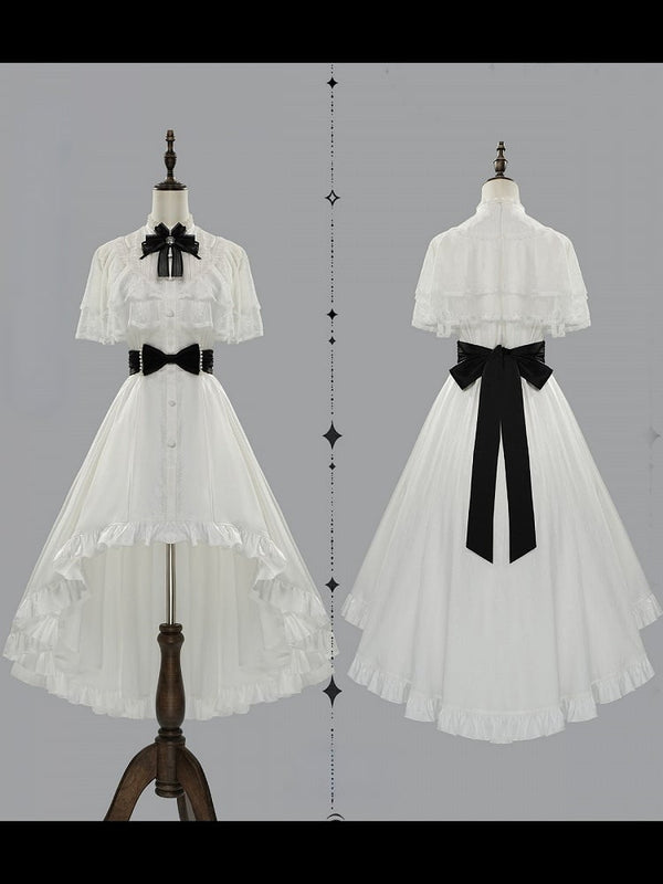 【10月8日予約締切】White Classic Lolita Black Bow High-Low Dress(Sheer lace hem version / Plain satin frill hem version)