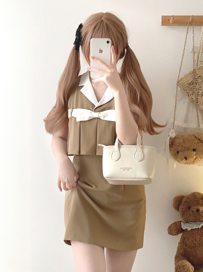 Retro Ribbon Camel Lapel Rich One-Piece Dress