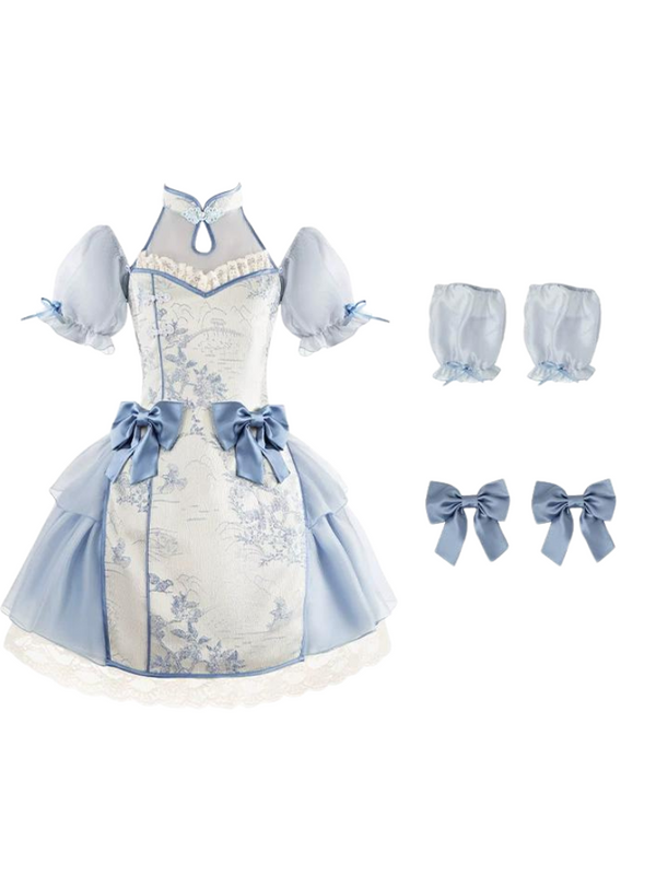 【予約商品】チャイナショートドレスセット+ロングチャイナドレスセット+エプロン+アクセサリー