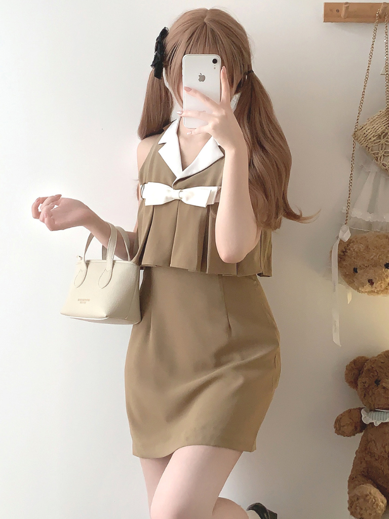 Retro Ribbon Camel Lapel Rich One-Piece Dress