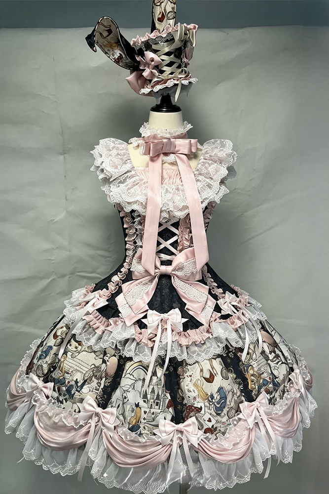 [Pre-order Deadline: September 28] Navy/Off-White Alice Classical Lolita Print Playing Card Frill Ribbon Dress + KC Set + Bunny Ear Hat Set