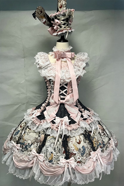 [Pre-order Deadline: September 28] Navy/Off-White Alice Classical Lolita Print Playing Card Frill Ribbon Dress + KC Set + Bunny Ear Hat Set