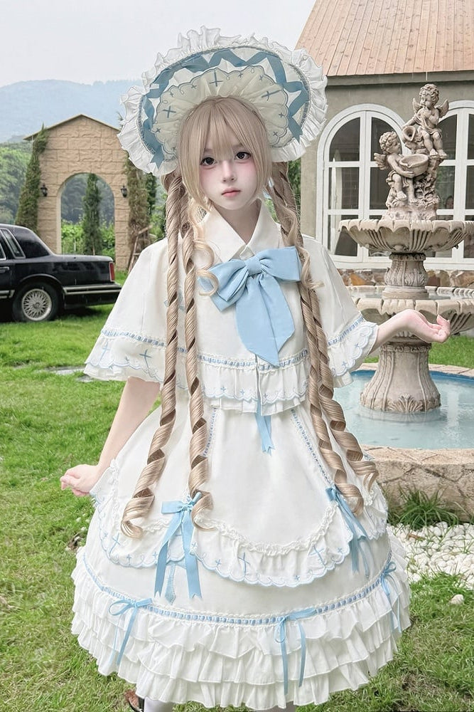 【10月4日予約締切】Blue & White / Pink & White Gothic-Inspired Sweet Lolita Ribbon Ruffle Dress＋Cross Embroidery Ribbon Cape