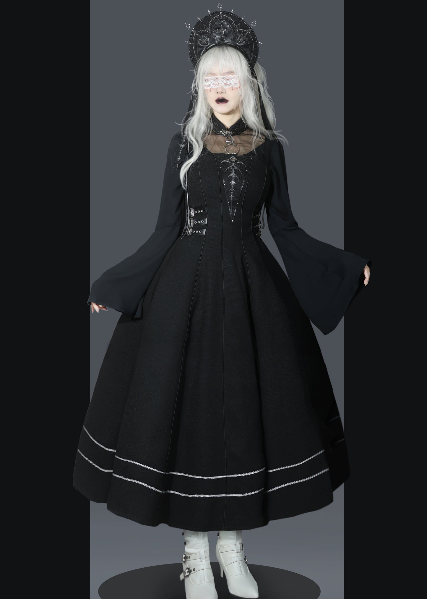 ダークナイトゴシックロリータドレス+ベールヘアアクセサリー