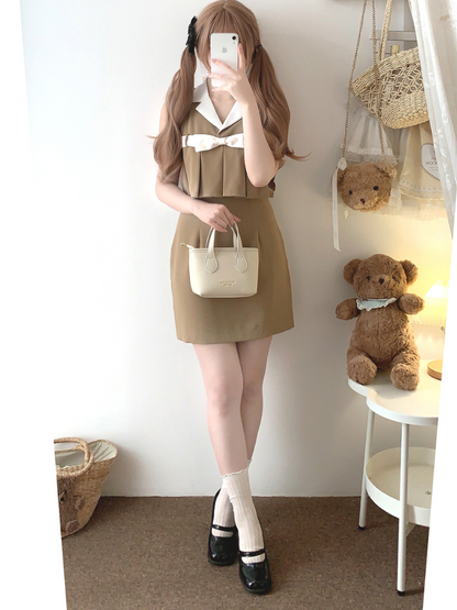 Retro Ribbon Camel Lapel Rich One-Piece Dress