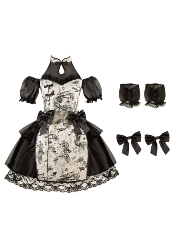 【予約商品】チャイナショートドレスセット+ロングチャイナドレスセット+エプロン+アクセサリー