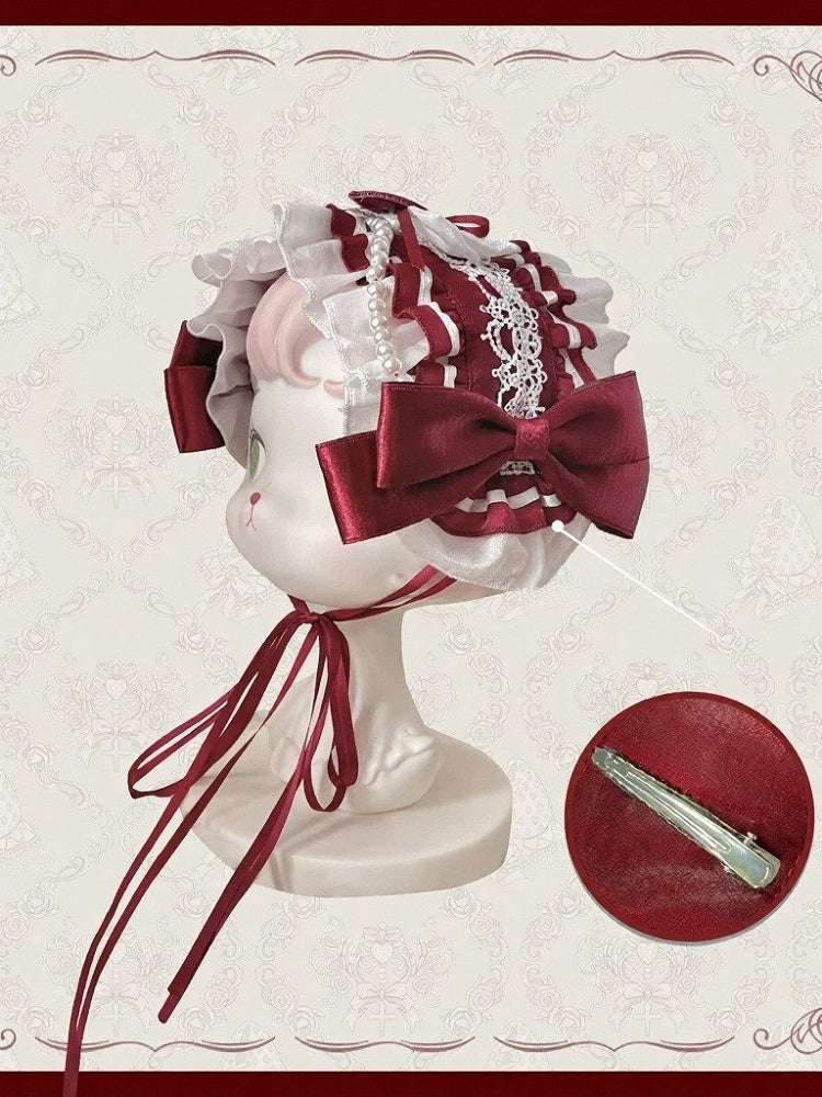 【11月4日予約締切】Strawberry Print Sweet Lolita And Gothic Lolita Series Accessories (Bonnet, Headband, Bone Embroidered Ribbon Brooch, Pair Of Ribbon Hair Clips)