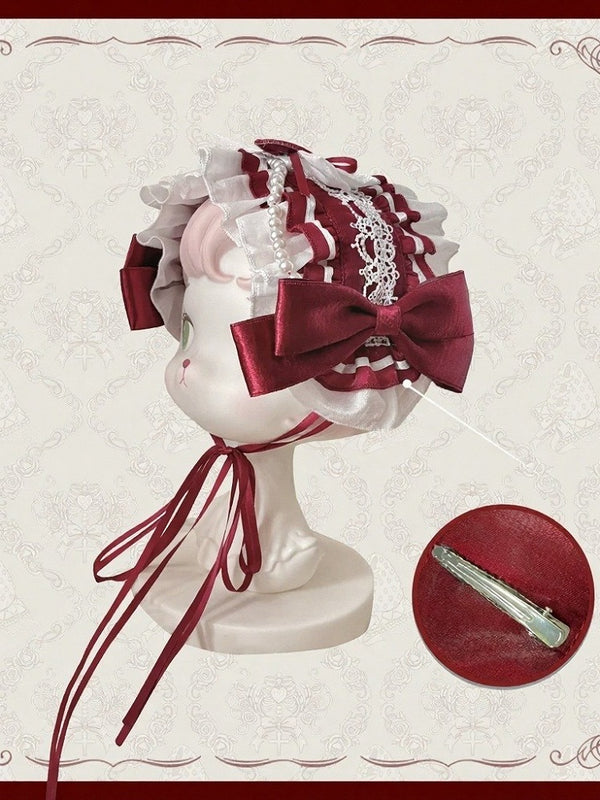 【11月4日予約締切】Strawberry Print Sweet Lolita And Gothic Lolita Series Accessories (Bonnet, Headband, Bone Embroidered Ribbon Brooch, Pair Of Ribbon Hair Clips)