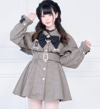 【予約商品】チェックアンドブラックケープショートトレンチクラウンリボンコート