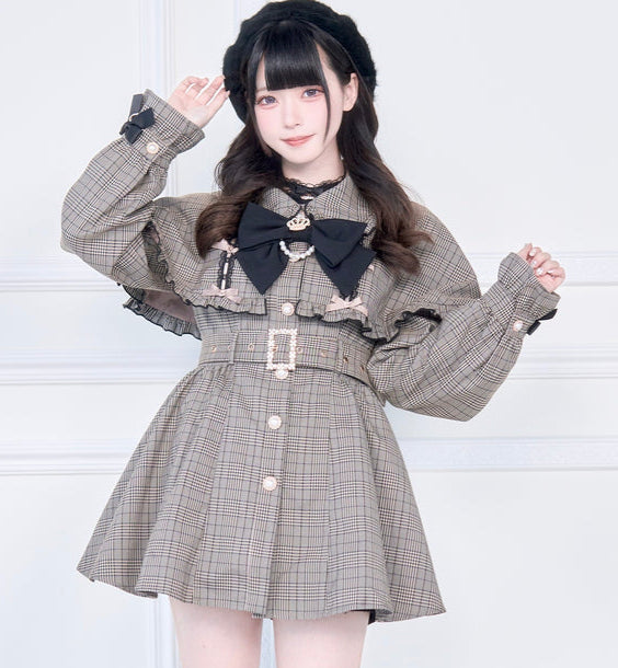 [Reservations] Check and Black Cape Short Trench Crown Ribbon Coat