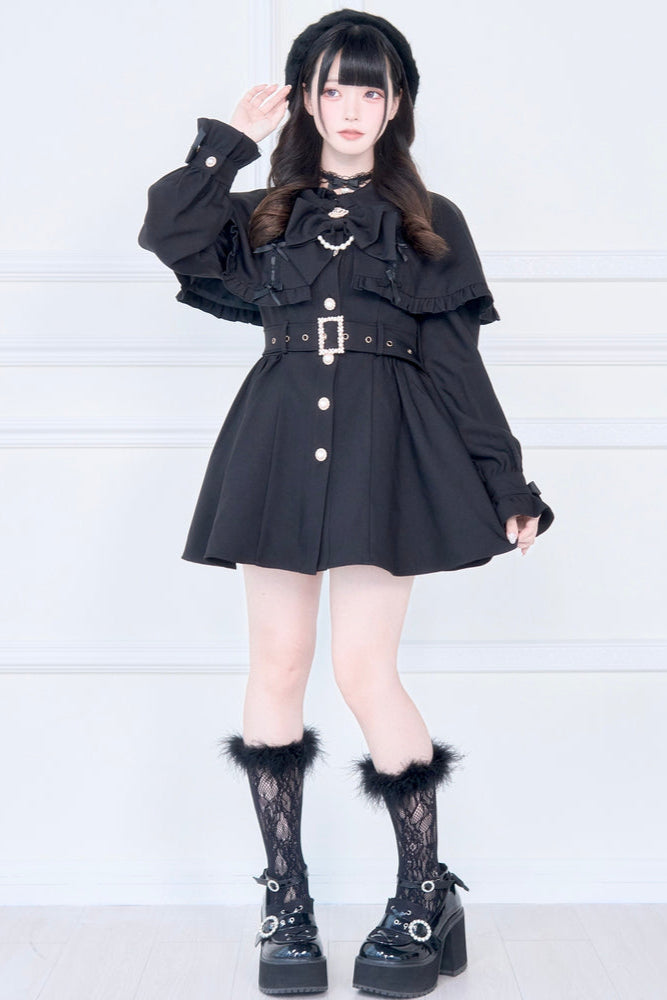 【予約商品】チェックアンドブラックケープショートトレンチクラウンリボンコート