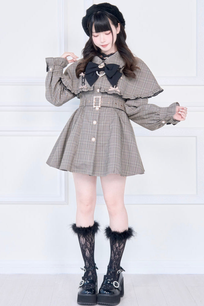 【予約商品】チェックアンドブラックケープショートトレンチクラウンリボンコート