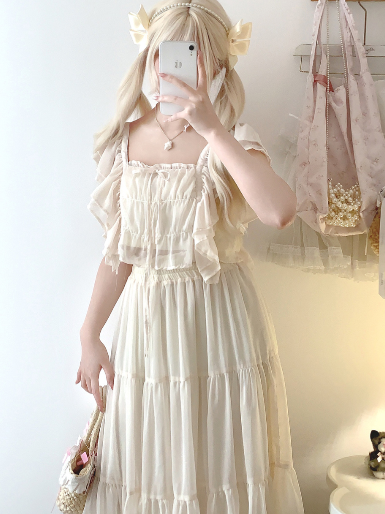 Sheer Summer Girly Tops+Summer Long Skirt