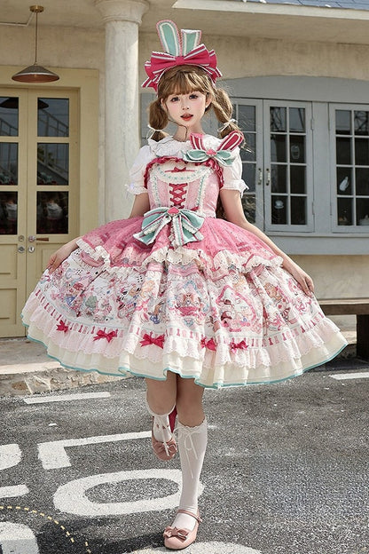 [Date limite de précommande : 1er juillet] Robe JSK sweet lolita rose x verte Alice Chat à nœud (avec surjupe en tulle à pois)