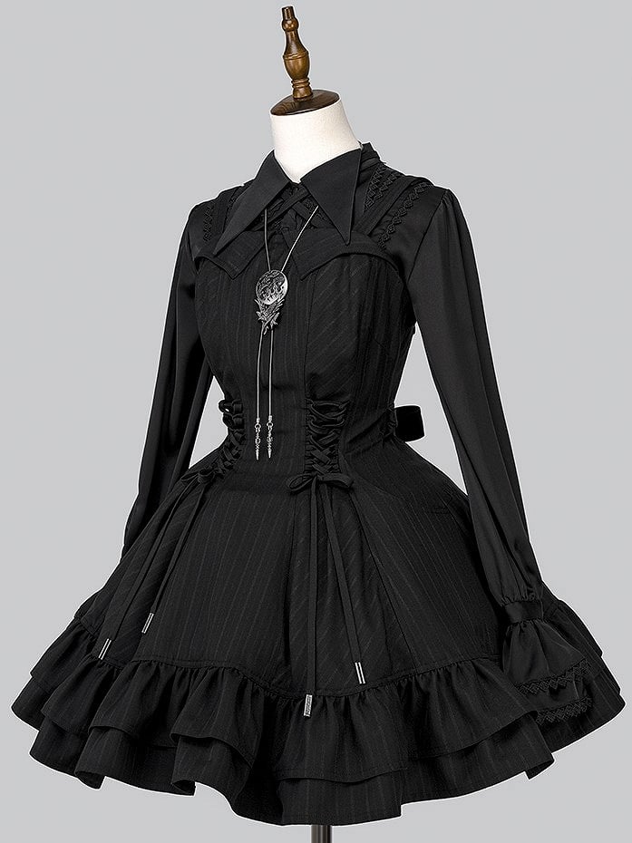 【12月26日予約締切】ゴシックロリータダークカラーストライプリボンサスドレス
