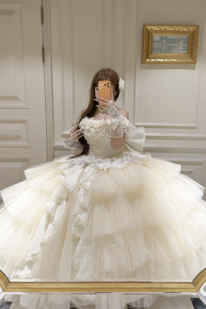 [예약상품] 4월 4일 예약마감]애프리콧 웨딩 로리타 원피스+숄+소매+리본 테일+베일