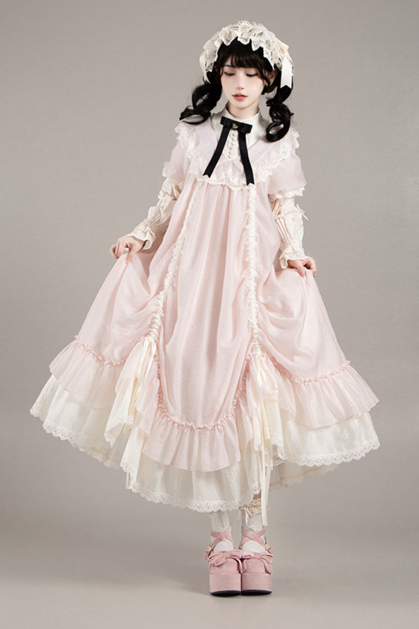 【予約商品】ローズフリルロリータドレス+ドレス＋ベルト＋ブローチ＋リボン＋ヘッドバンド＋スリーブ