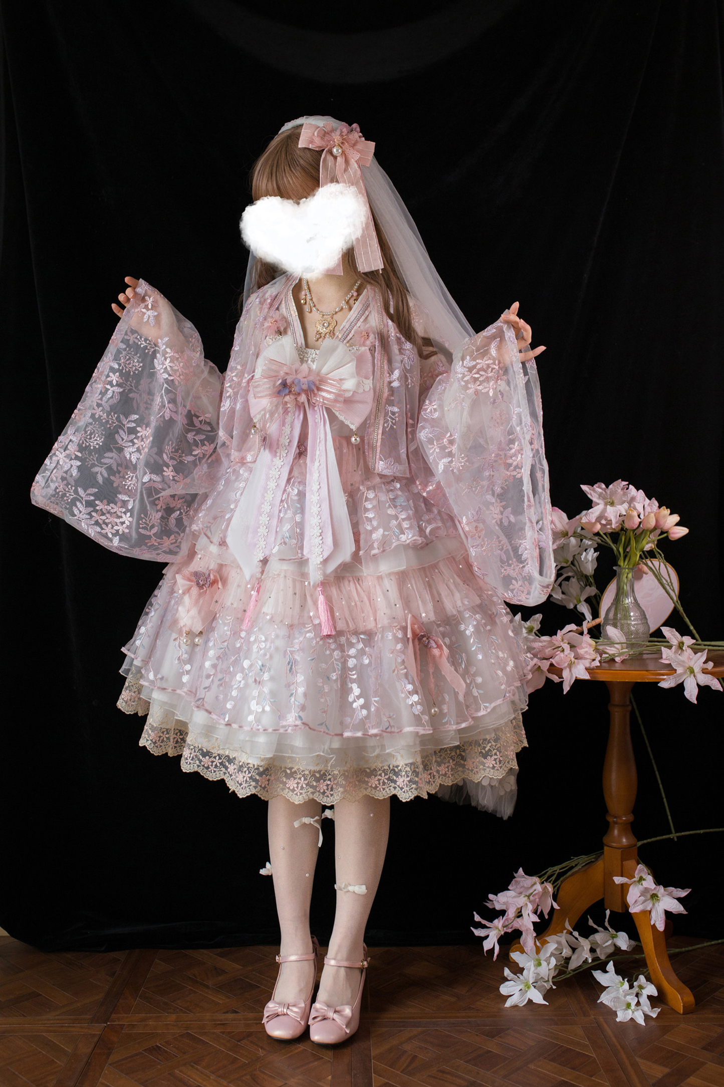 사쿠라 스위트 차이나 로리타 셔츠 + 목걸이 + 리본 + 베일 + 클립