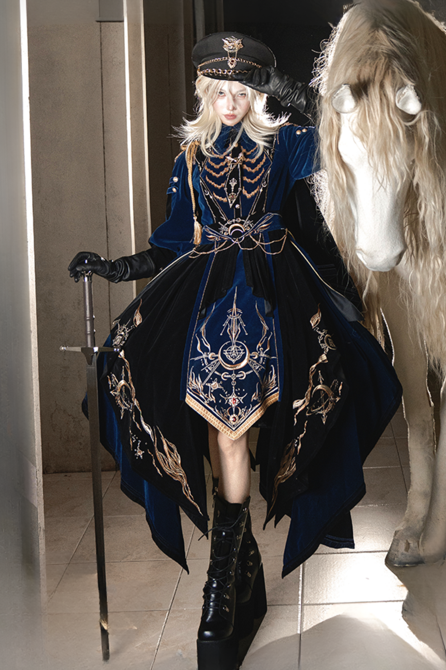 [Deadline for pre-order on November 16th] Holy army blue black embroidered military cape dress complete set + dress set