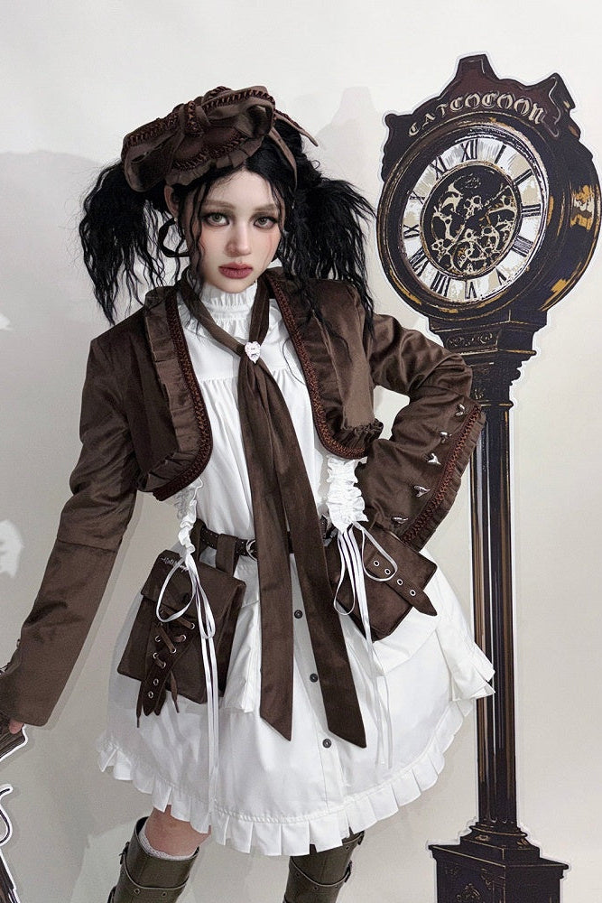 [Date limite de précommande : 11/6] Accessoires de la série steampunk marron x mode gothique noire (mini-chapeau à ruban cœur en velours + cravate à ruban motif cœur + sac de taille avec ceinture)