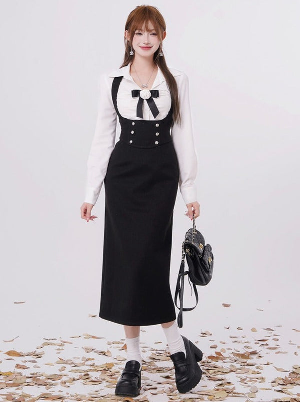 フレンチサスペンダードレス+リボンシャツ