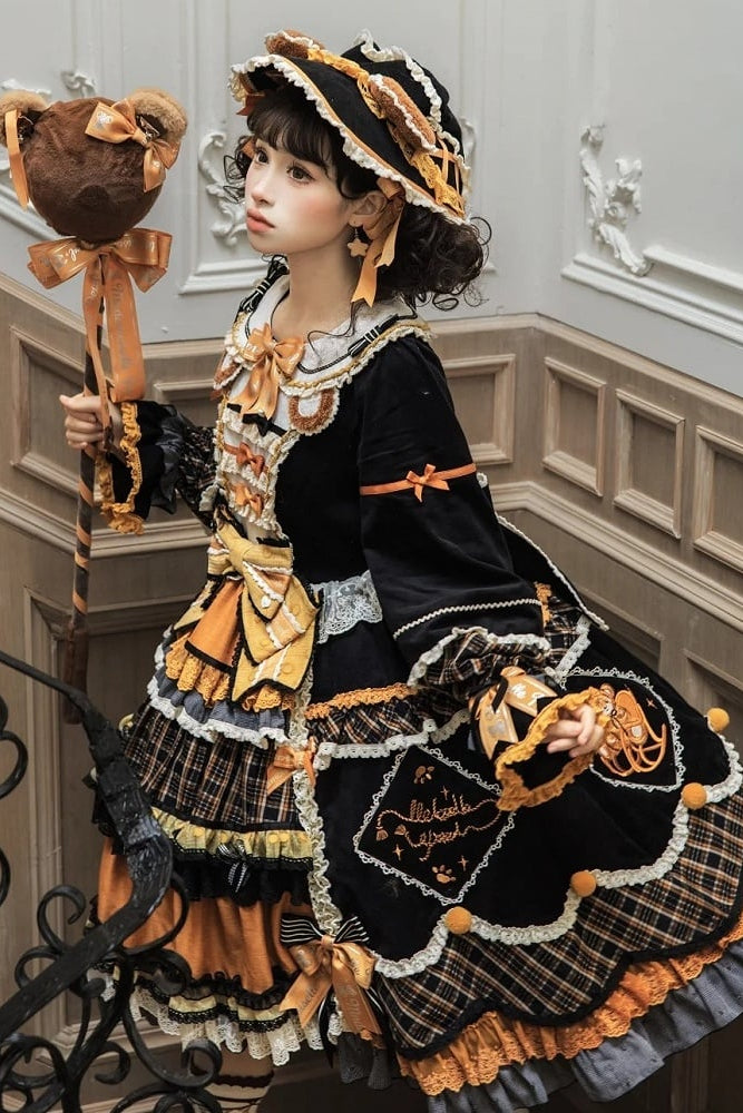 [Reservierungsschluss 8. September] Classic Bear Lolita-Stufenkleid mit weißem Kragen, Karomuster, Spitze und Schleife+Vintage-JSK-Kleid mit Teddybär-Print und Spitze+Vintage-Lolita-Kleid mit Teddybär-Print, Karokragen und klassischem Karomuster