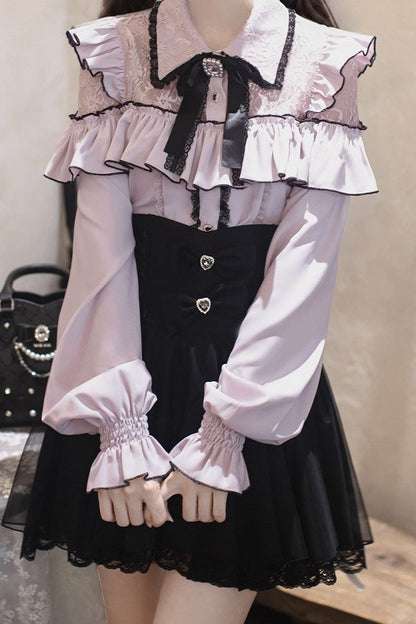 [Termine prenotazione 29 settembre] Blusa rosa in pizzo trasparente con volant e fiocco gioiello + gonna a sirena in tulle a strati + minigonna in pizzo con fiocco gioiello