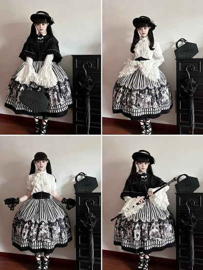 【10月3日予約締切】Black White Striped Gothic Rose Print Skirt(Short/Long)
