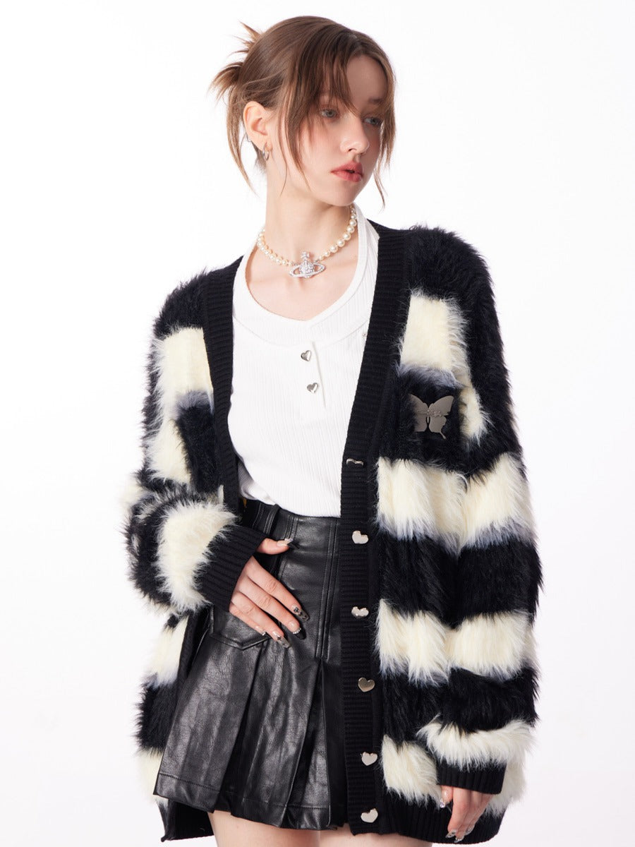 Butterfly Striped Fur Knit Cardigan