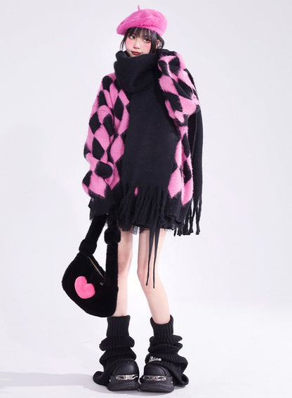 Pink Diamond Check Lazy Style Mohair V-Neck Knit Cardigan