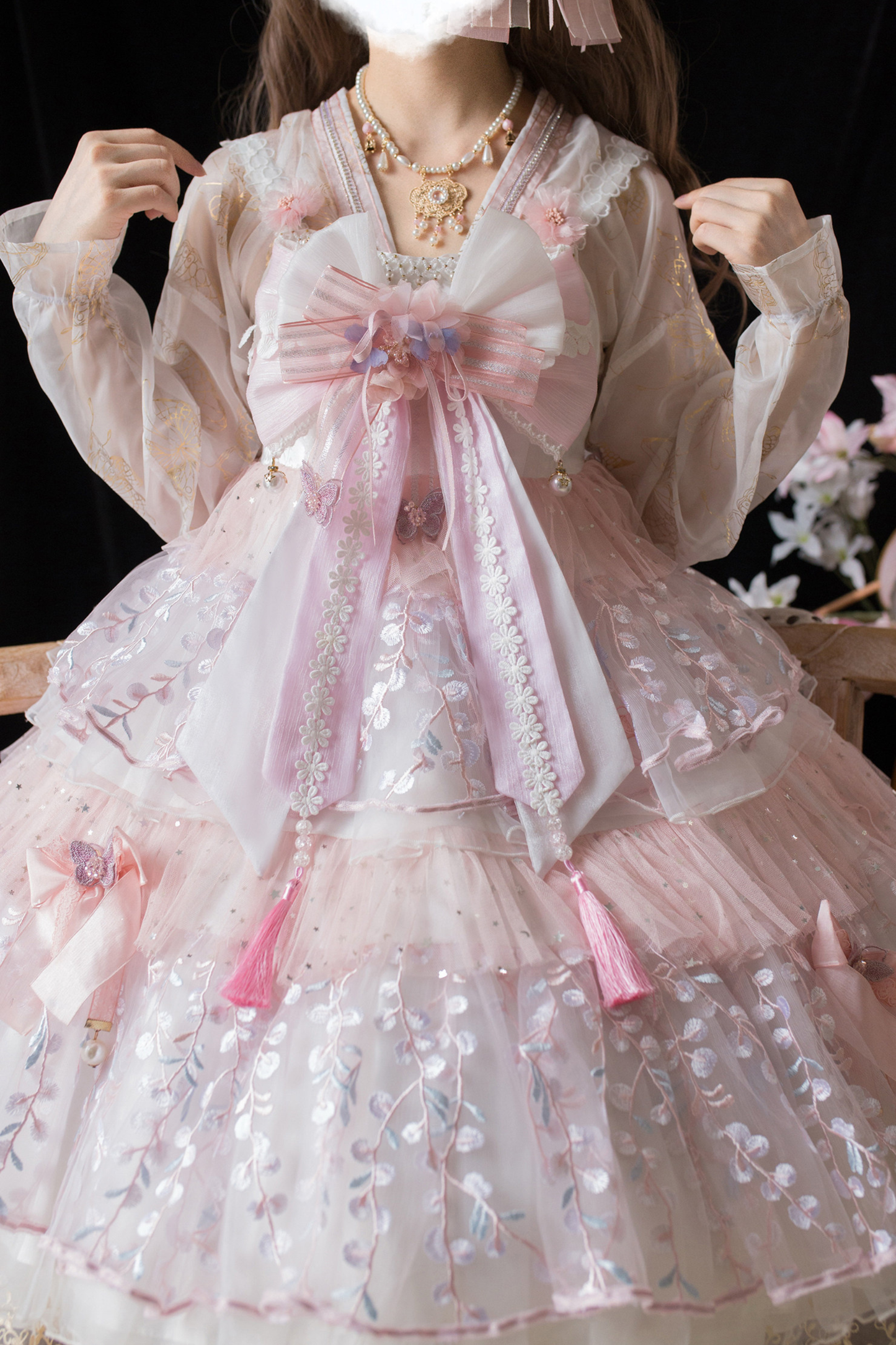 사쿠라 스위트 차이나 로리타 셔츠 + 목걸이 + 리본 + 베일 + 클립