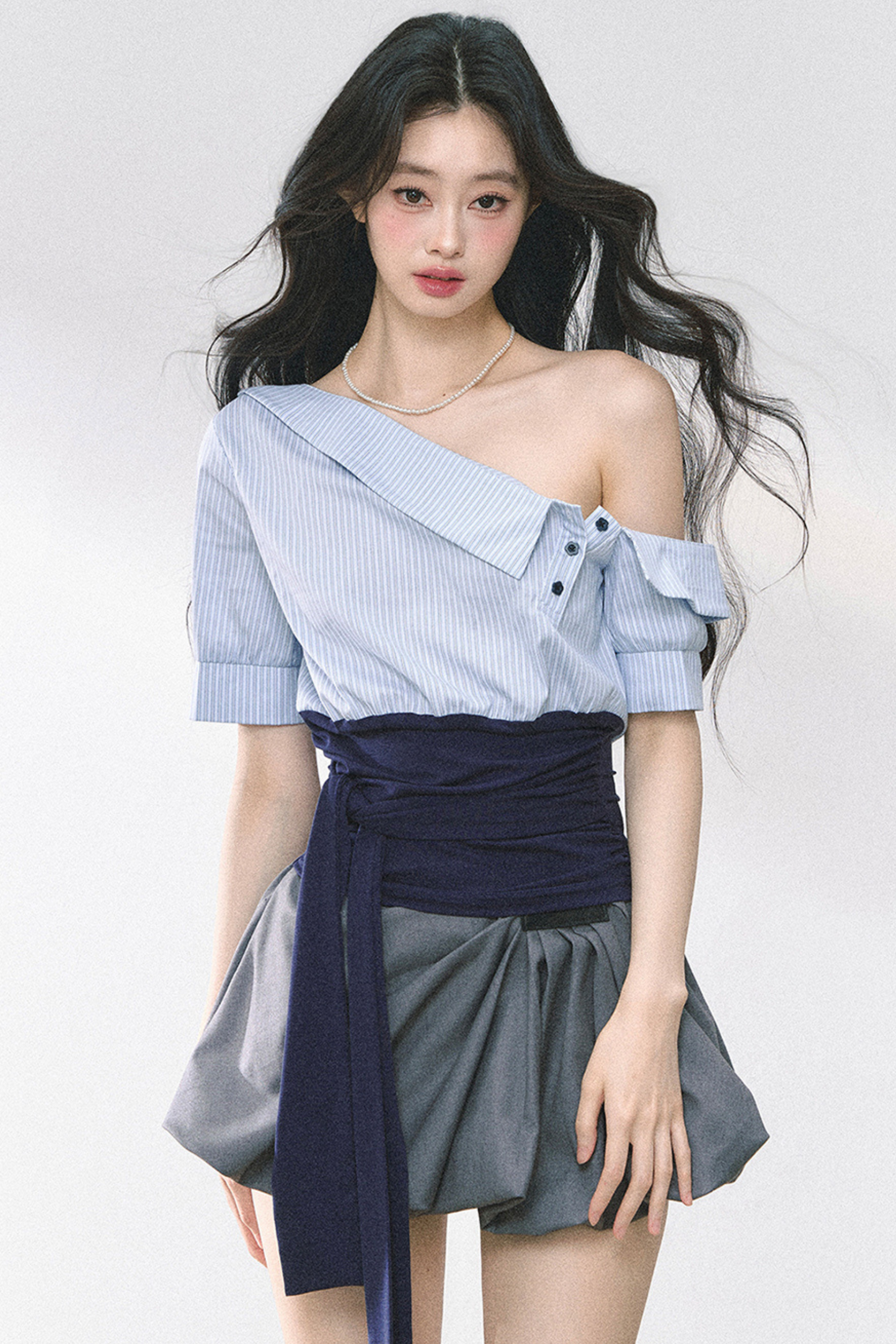 ウエストバンド付きワンショルダーシャツ