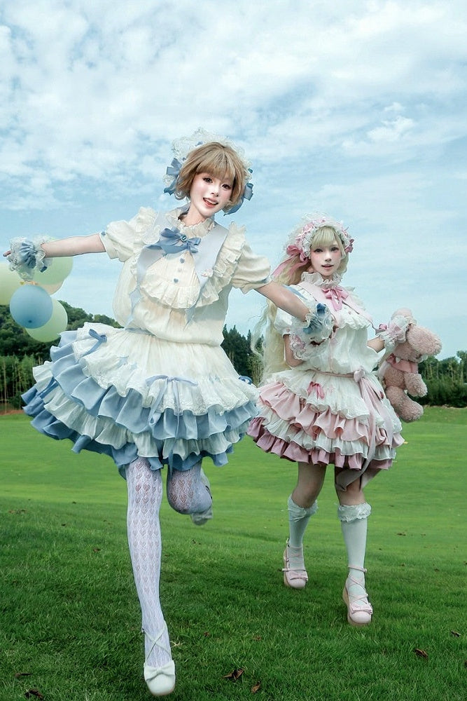 【8月29日予約締切】Blue x White/ Pink x White Doll Sweet Lolita Asymmetrical Ruffle Dress Full Set （with Pointed Collar + Bow Tie + Waist Belt）