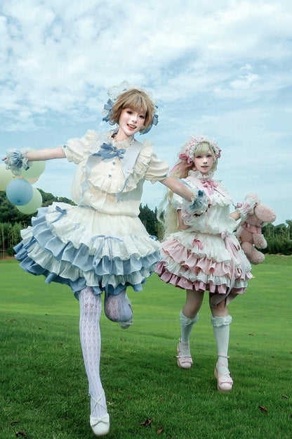 【8月29日予約締切】Blue x White/ Pink x White Doll Sweet Lolita Asymmetrical Ruffle Dress Full Set （with Pointed Collar + Bow Tie + Waist Belt）