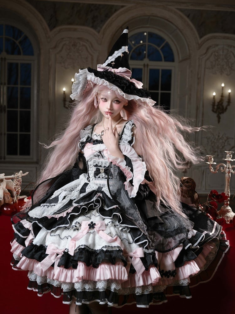 [Date limite de précommande : 14 septembre] Ensemble complet Gothic Black Pink Witch : robe JSK à croix + grande traîne à nœud + cape à capuche + manches amovibles + chapeau de sorcière + manches extérieures