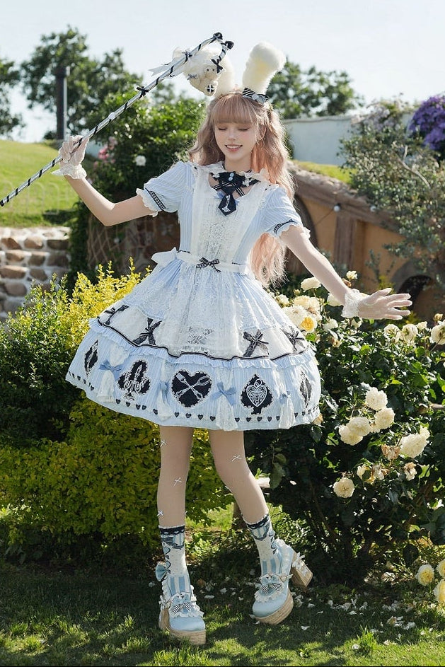 【8月13日予約締切】アリスブルーストライプレースゴシックロリータドレス＋うさ耳フーディータイカラー＋エプロン＋フルセット