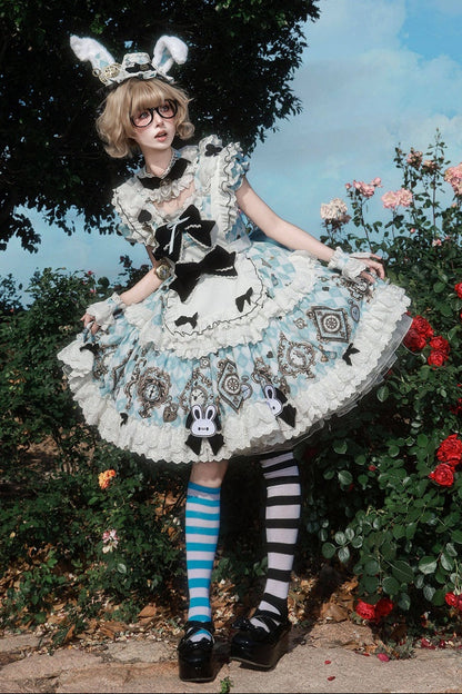 [Reservierungsschluss 30. Juni] Blau-weißes Alice-im-Wunderland Sweet-Lolita-Schleifen-Schürzen-OP-Kleid + Komplettset 1/2