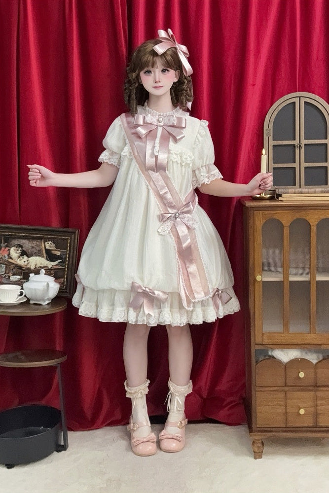 【9月19日予約締切】Pink x Beige / Dark Blue x Beige Doll Style Sweet Lolita Bow Lace Puff Sleeve Dress + Dress Set + Full Set