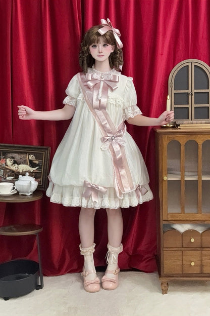 【9月19日予約締切】Pink x Beige / Dark Blue x Beige Doll Style Sweet Lolita Bow Lace Puff Sleeve Dress + Dress Set + Full Set