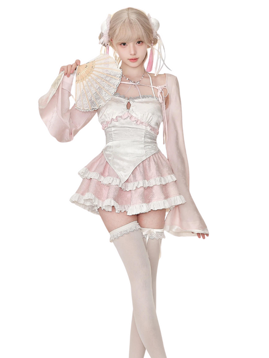 Girly Coconut Peach Blossom Drunken Dance 5.31 20 o'clock New 9.5% off Cardigan + Suspenders + Pink Skirt