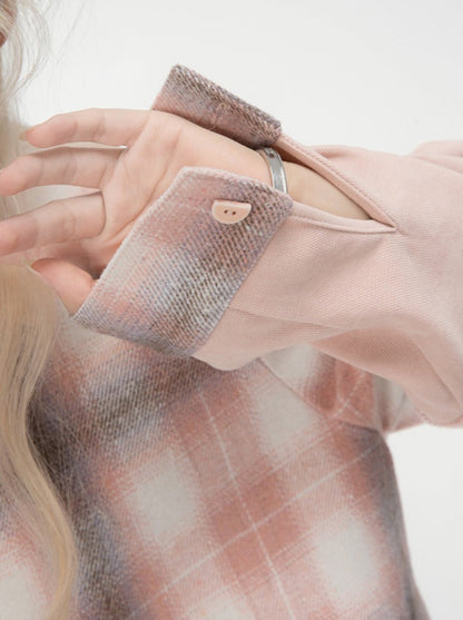 Cream Pink Check American Retro Loose Splicing Shirt