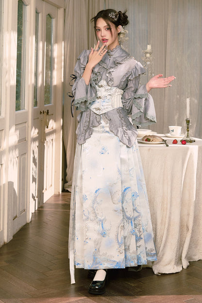 Elegant Chinese shirt + jacket + long skirt