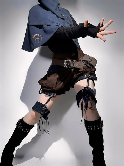 【10月6日予約締切】Dark Navy X Brown Prince Lolita Asymmetrical Cape + Black Knit Top + Leg Ring Shorts + Belt With Pockets + Scarf Ouji Fashion