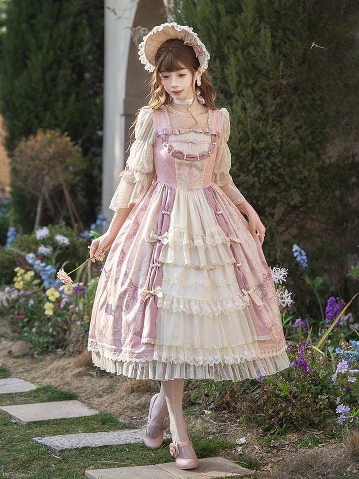 [Pre-order Deadline: April 26] Rococo Antique Lace Tiered Ribbon Pink Lolita Dress + Bonnet