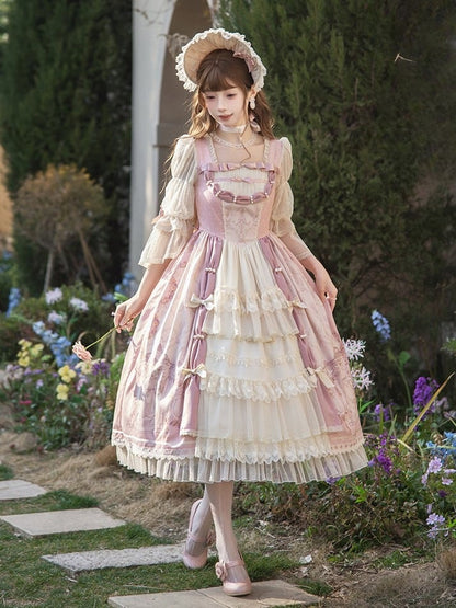 [Pre-order Deadline: April 26] Rococo Antique Lace Tiered Ribbon Pink Lolita Dress + Bonnet