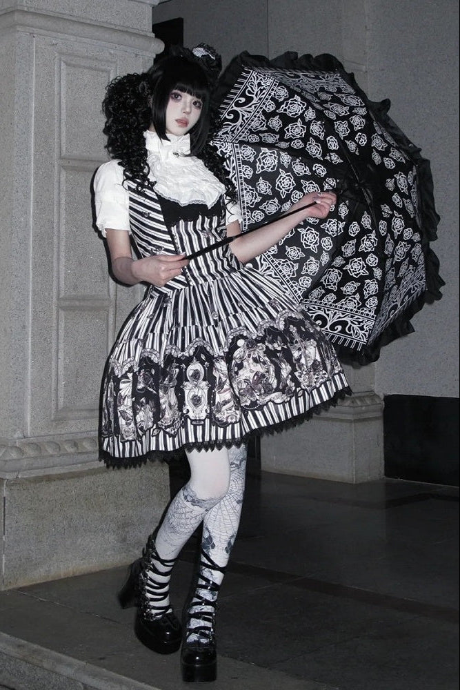 【10月3日予約締切】Black/White Elegant Gothic Puff Sleeve Shirt With Detachable Bell Sleeves And Frill Collar Jabot