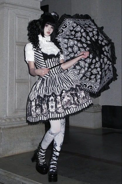 【10月3日予約締切】Black/White Elegant Gothic Puff Sleeve Shirt With Detachable Bell Sleeves And Frill Collar Jabot